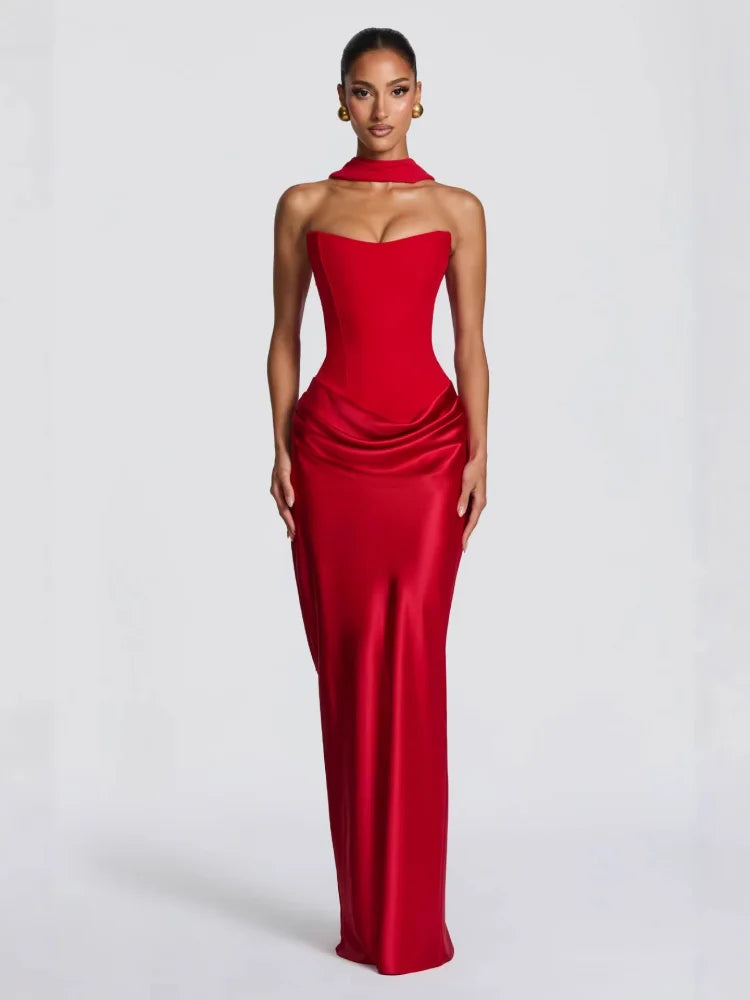 Strapless Satin Mermaid Maxi Dress Women Draped Waist Formal Party Evening Gown Y2K Sexy Elegant Clubwear
