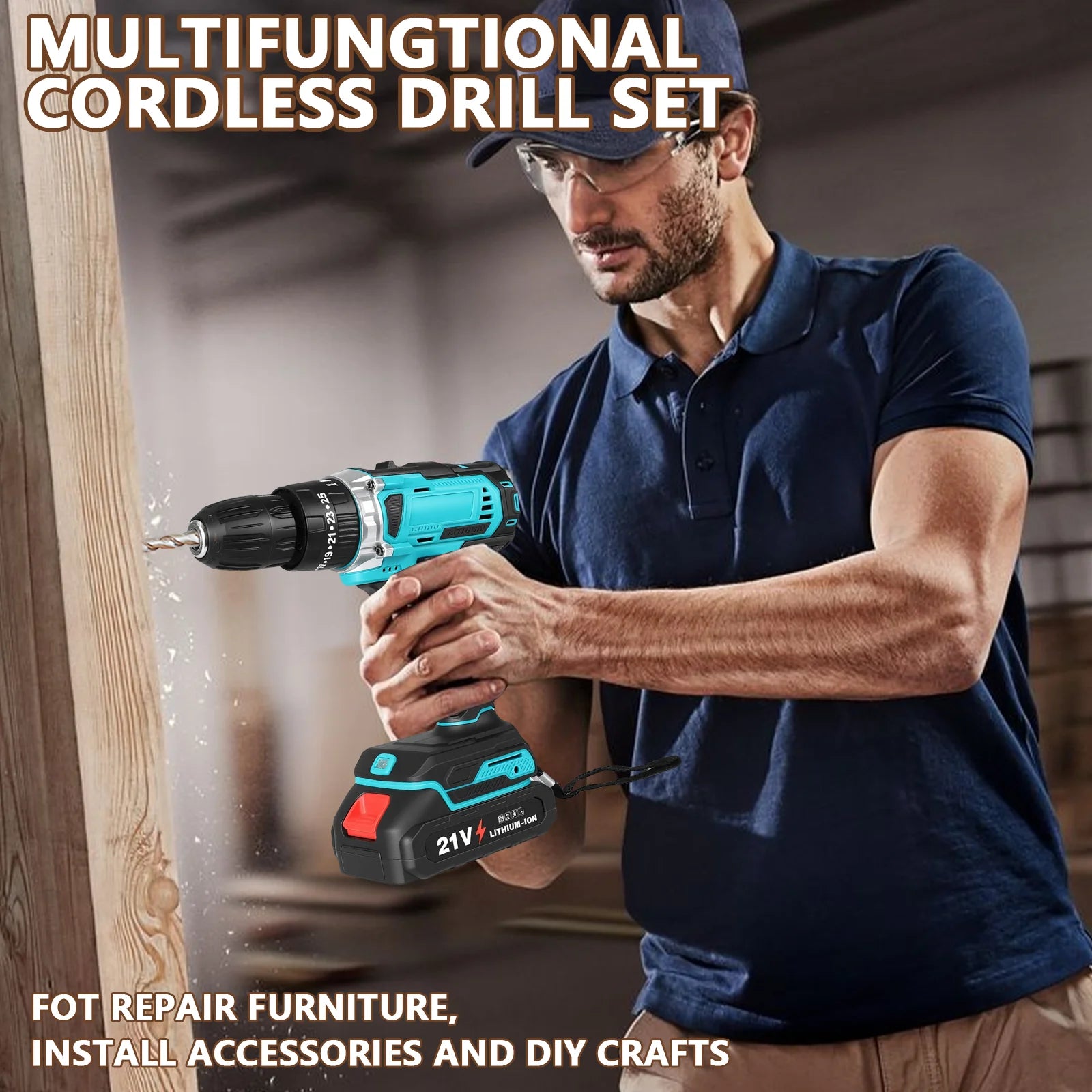 21V Cordless Drill Driver Set 29PCS 35Nm Electric Drill 3/8 Inch Keyless Chuck 25+3 Clutch Variable Speed With 2pcs Batteries