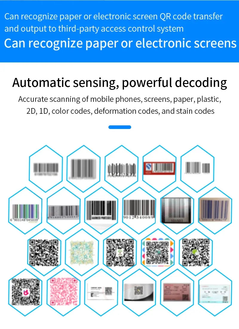 Black QR and barcode reader showing automatic QR code recognition on its display