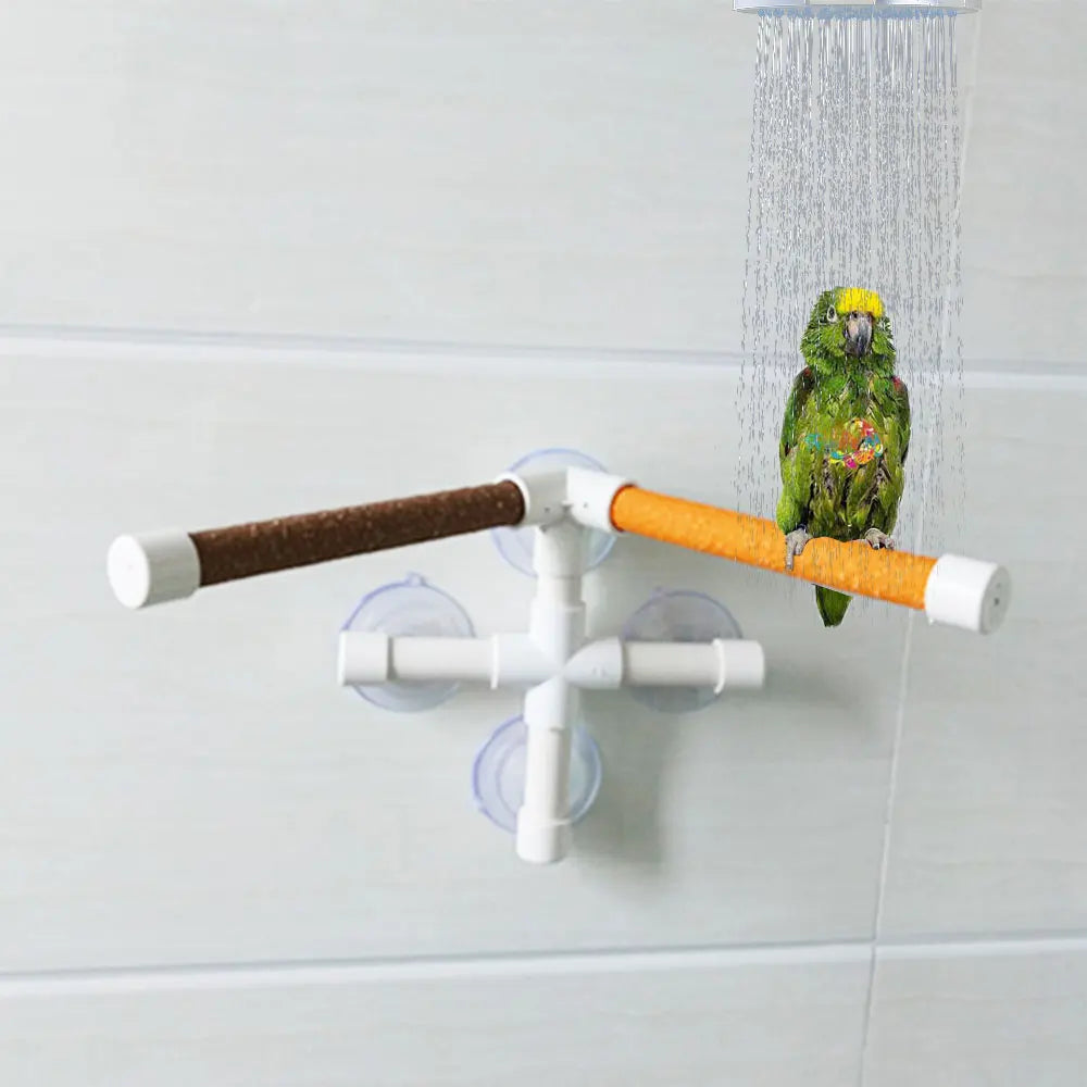 Parrot bathing on a suction cup shower perch with paw-grinding texture for comfortable bird grooming.