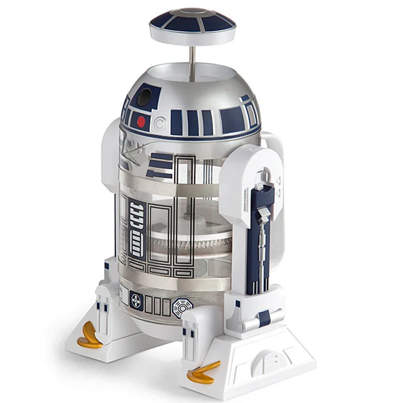 Star Wars R2-D2 glass and plastic French press coffee maker with blue, silver, and white robotic design.