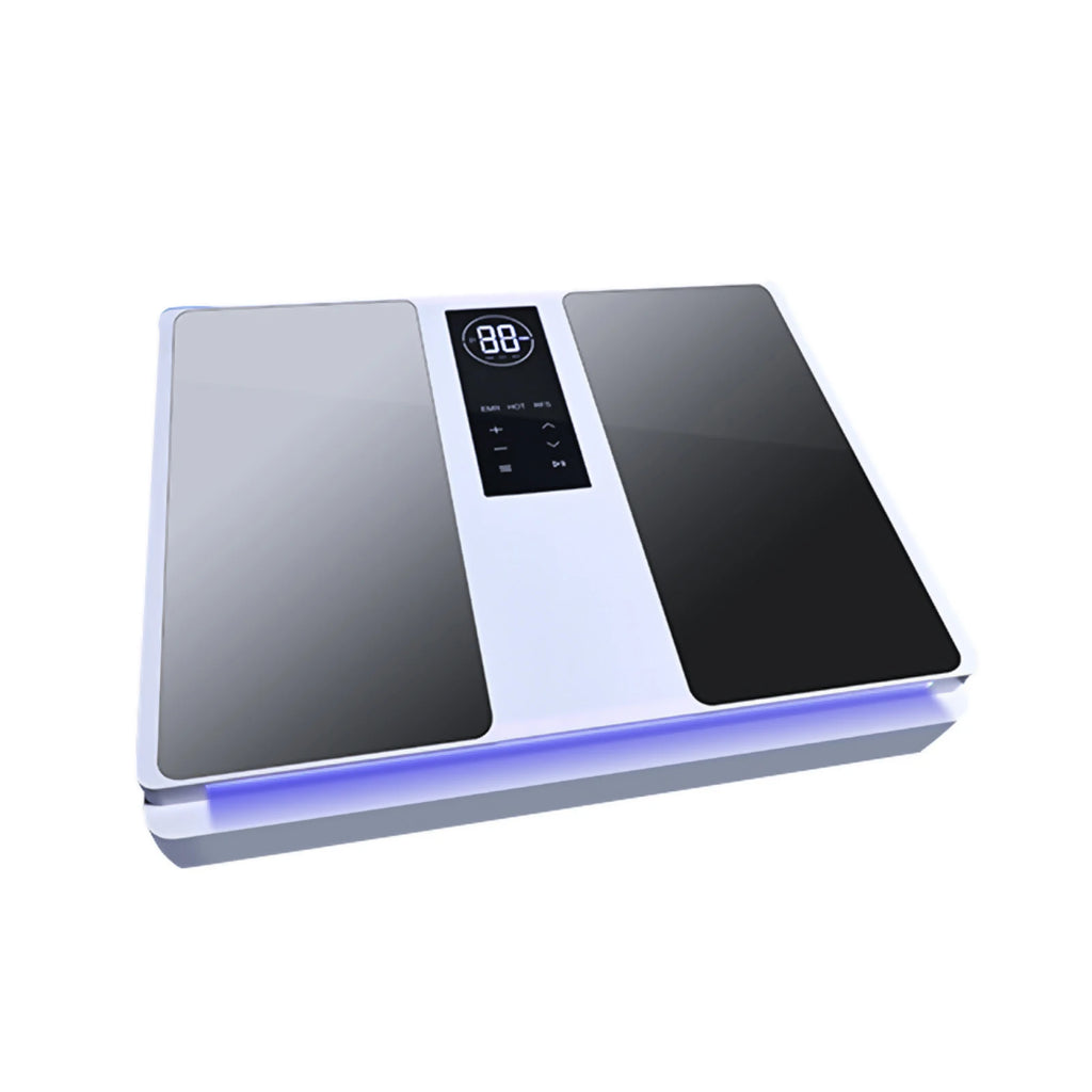 Digital body composition scale with white frame, black glass panels, central touch control panel, and blue LED base.