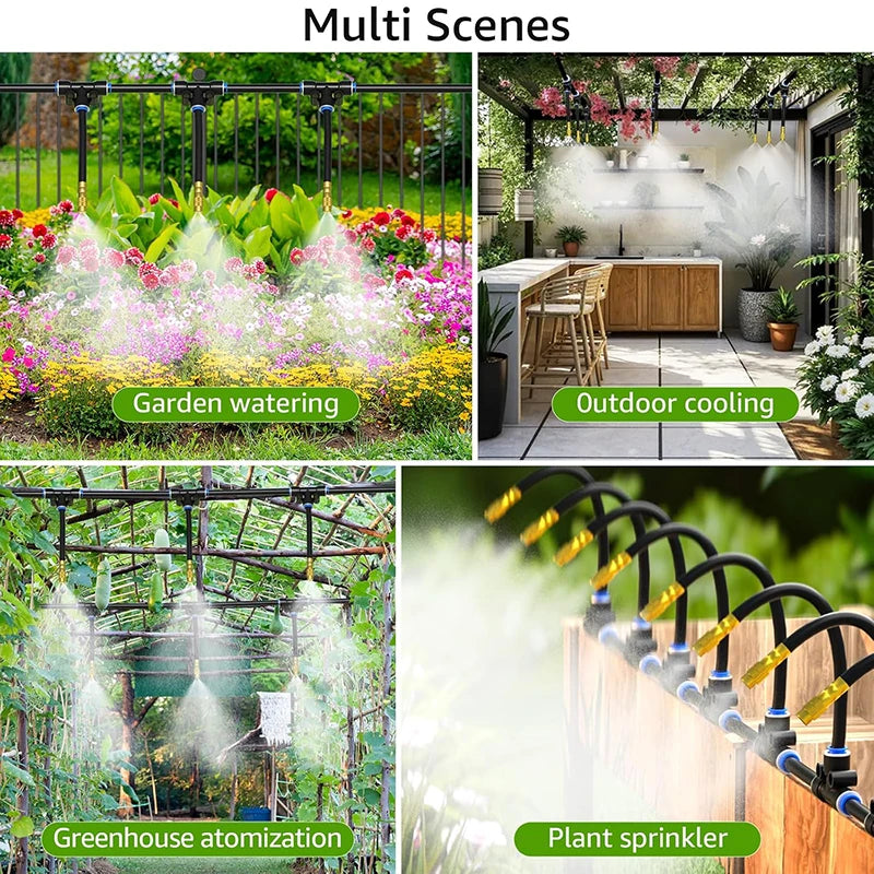 Multi-scene drip irrigation system with misting nozzles cooling plants outdoors