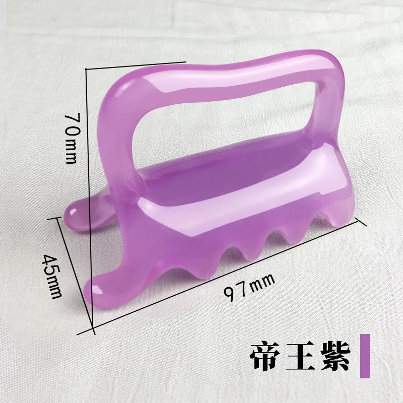 Purple resin claw-shaped massage tool with handle, 97x70x45mm, for deep tissue muscle relief.
