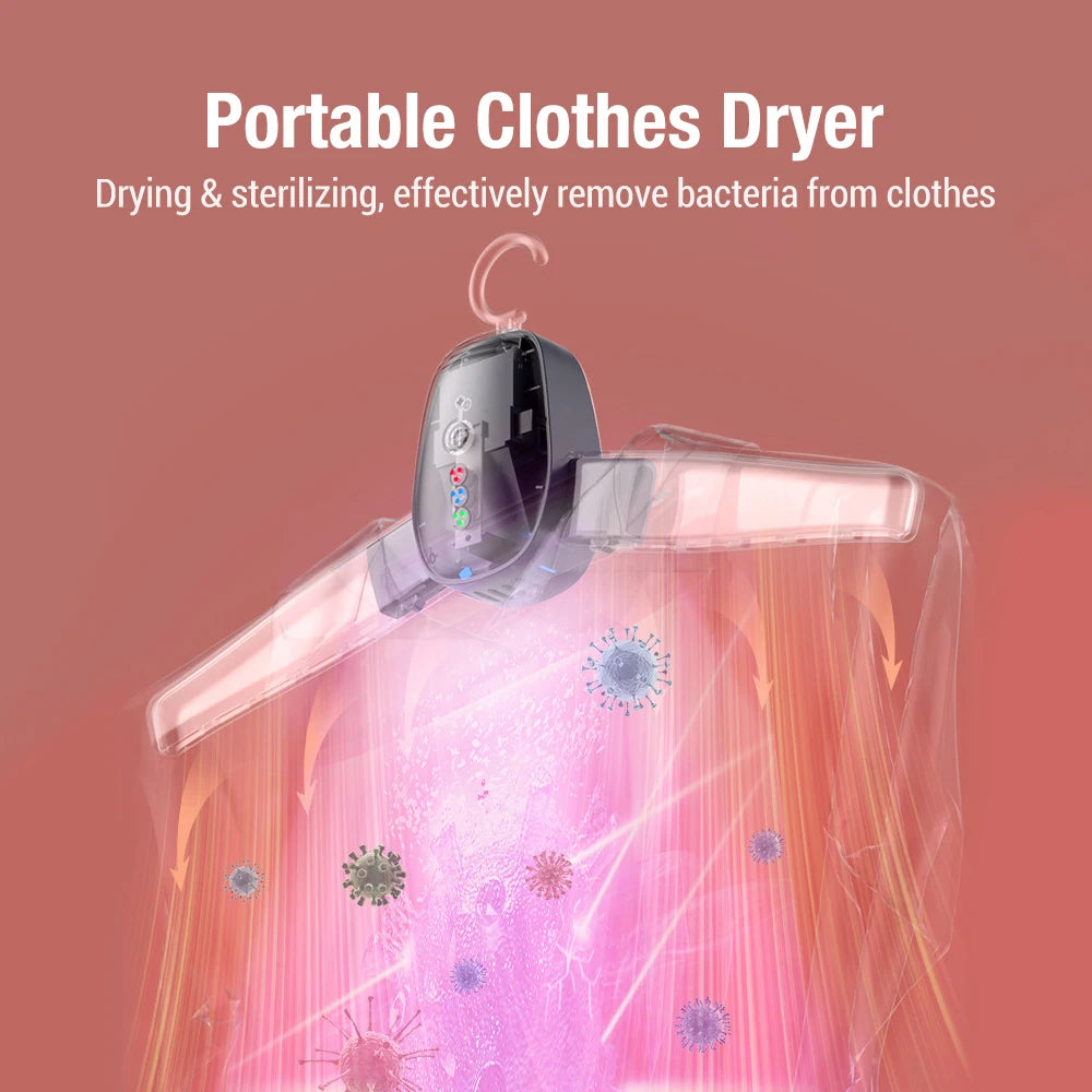 Tidesmit portable electric clothes dryer hanger showing dual-mode heating and sterilizing features for travel gear.