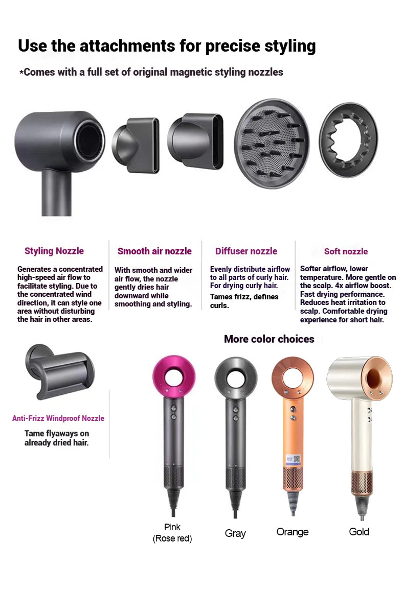 High-speed hair dryer with magnetic styling attachments in pink, gray, orange, and gold. Negative ion hair care.