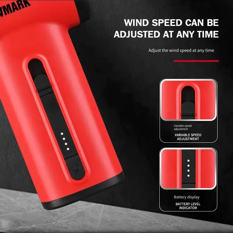 WMARK NG-TB001 red portable hair dryer with variable speed slider and LED battery level indicator for professional use.
