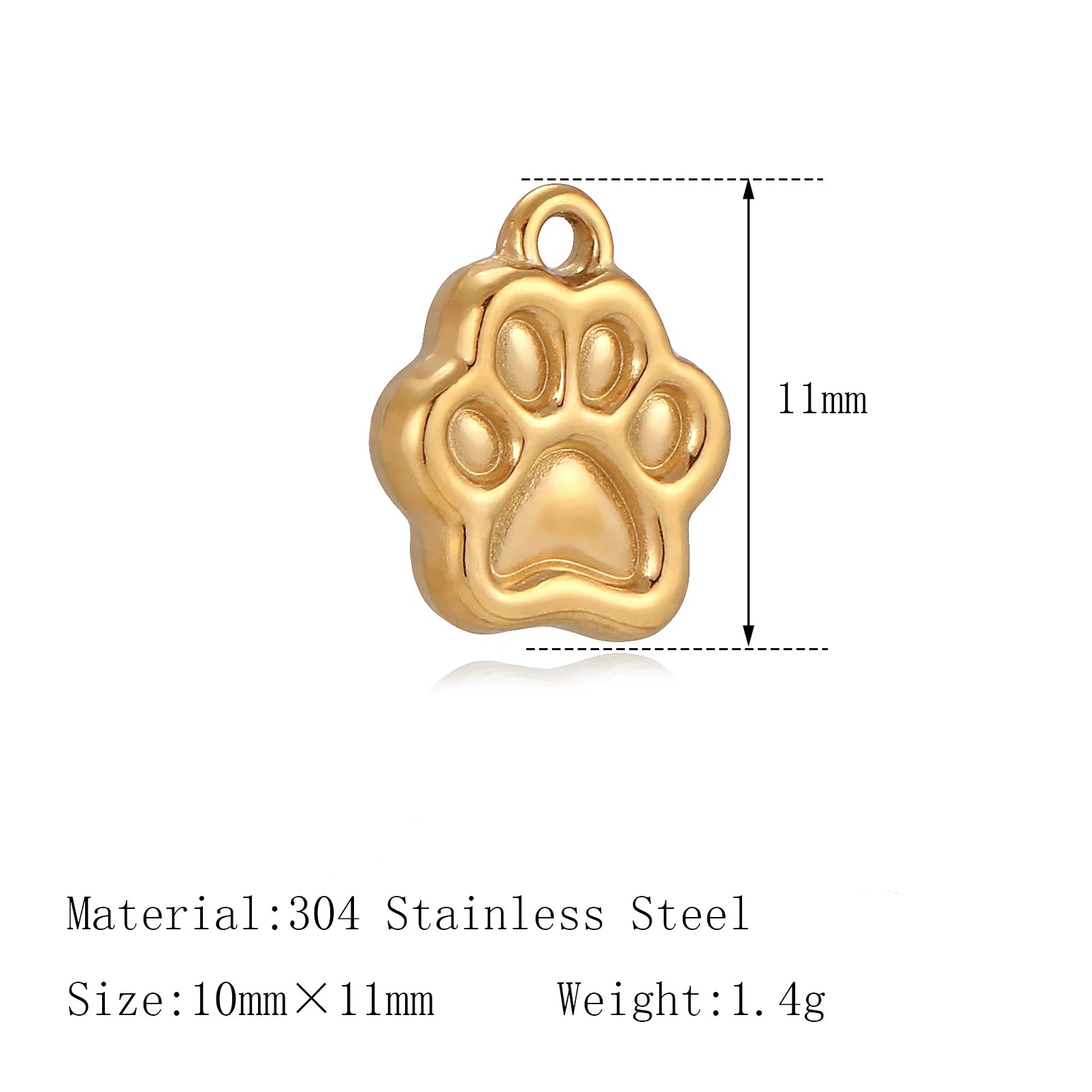 Gold-tone stainless steel dog paw charm, 11mm, perfect for custom pet memorial jewelry or DIY bracelet making.
