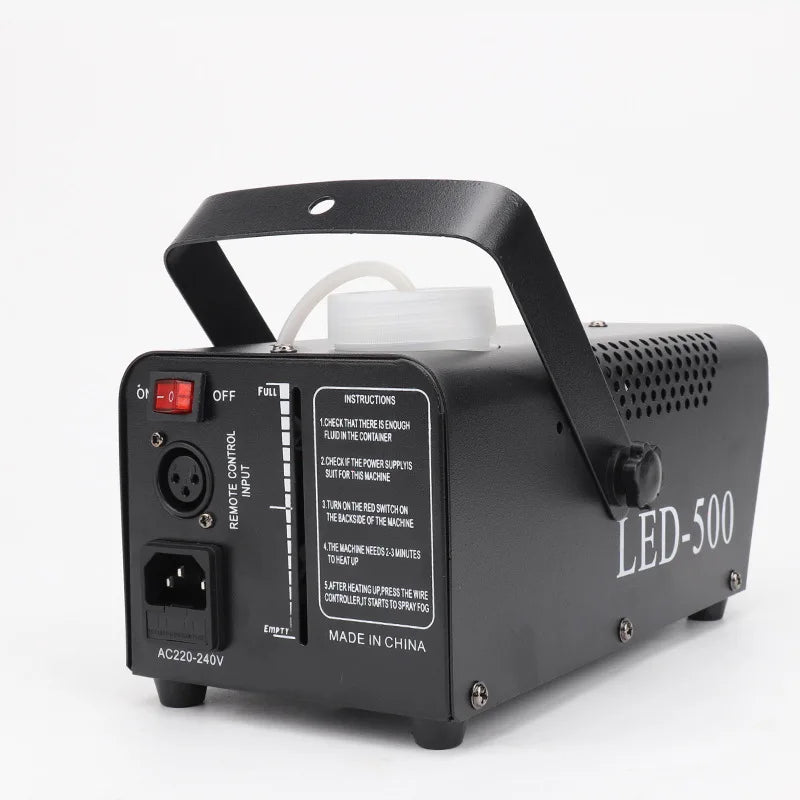 Black LED-500 smoke machine rear panel with power port, remote-control switch, and labels