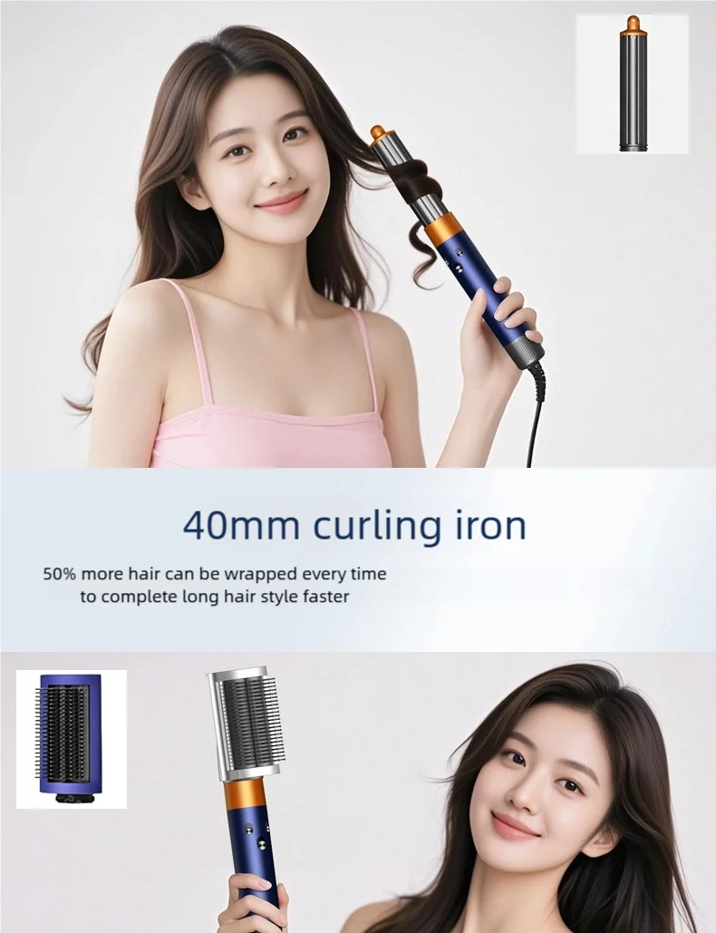 7-in-1 ionic hair dryer set with blue, orange 40mm curling iron and brush attachment for quick, high-speed styling.