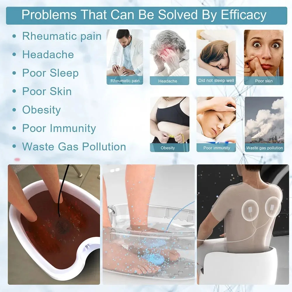 Ionic foot bath detox machine spa with aqua cell array, showing health benefits for pain, fatigue, and immunity.