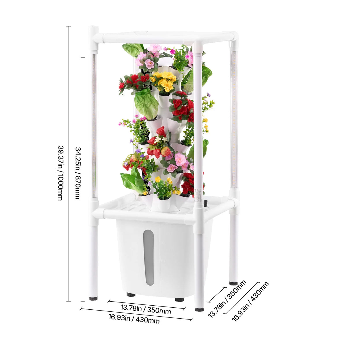 White vertical hydroponic tower with clear outer column, tiered cups, and flowering plants