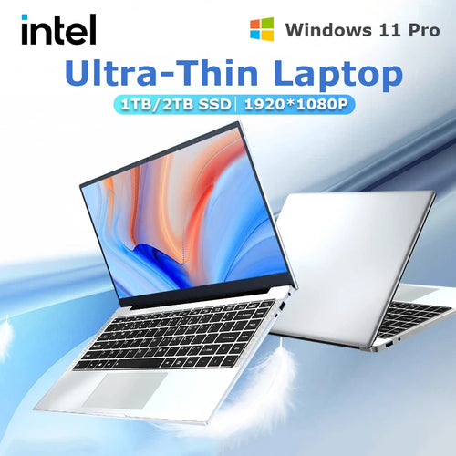 Silver ultra-thin laptop with a black keyboard, large trackpad, narrow bezels, and visible side ports.