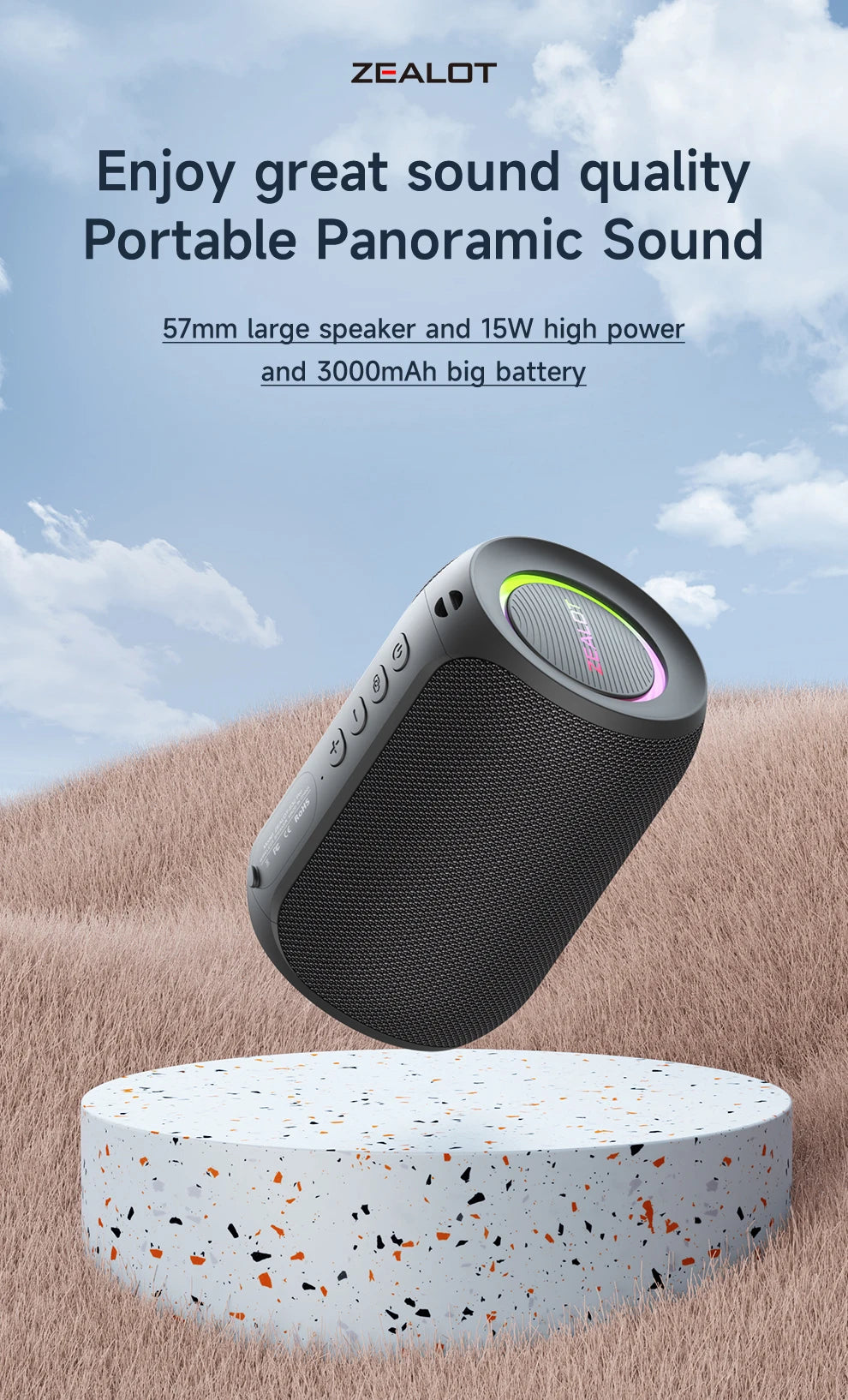 Zealot S32 pro Bluetooth Wireless Outdoor Portable Subwoofer Speaker Waterproof IPX6 Dual Pairing 3600mAh Wireless Speaker