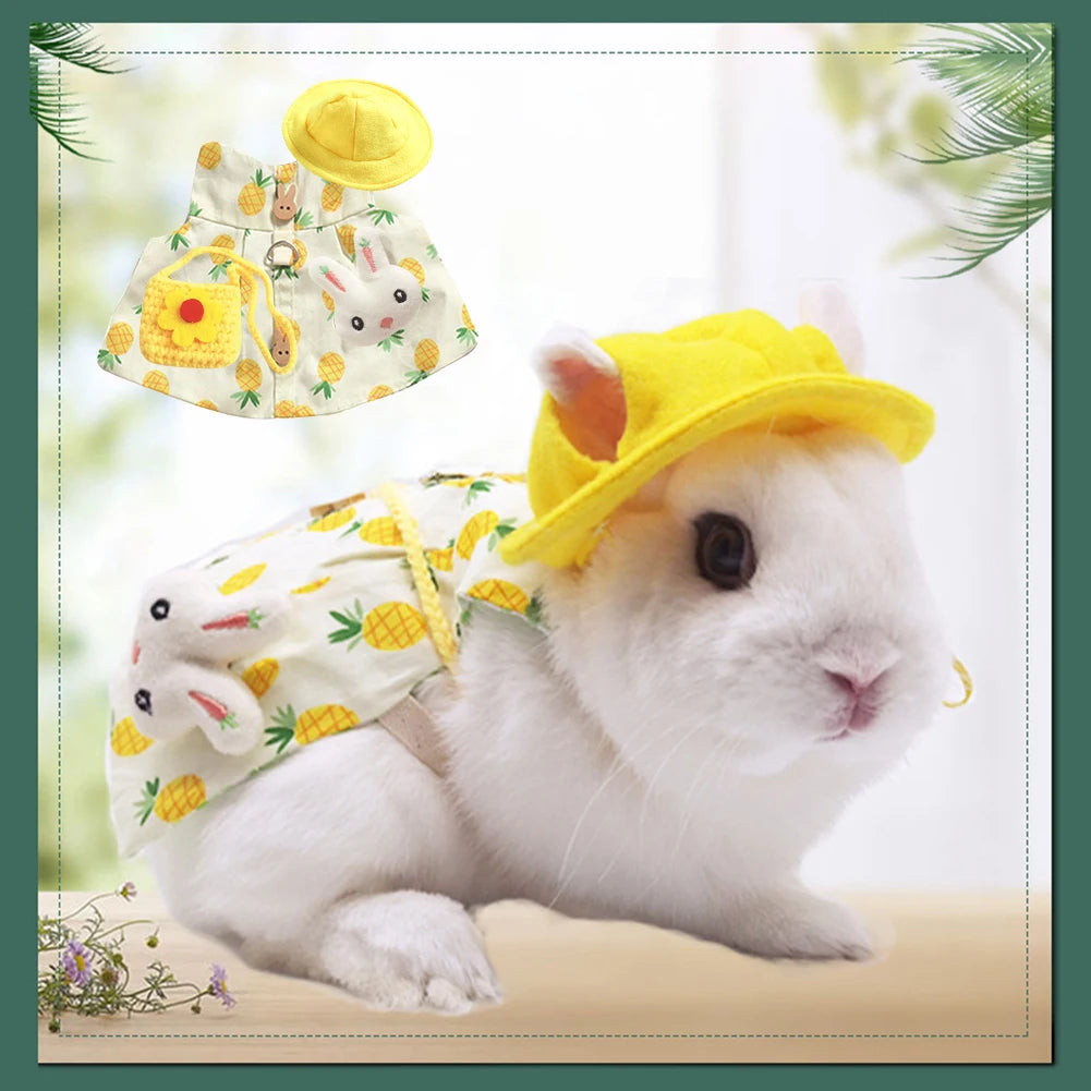 Cute bunny rabbit wearing a yellow pineapple print vest, matching sun hat, and small bag for stylish outdoor walks.
