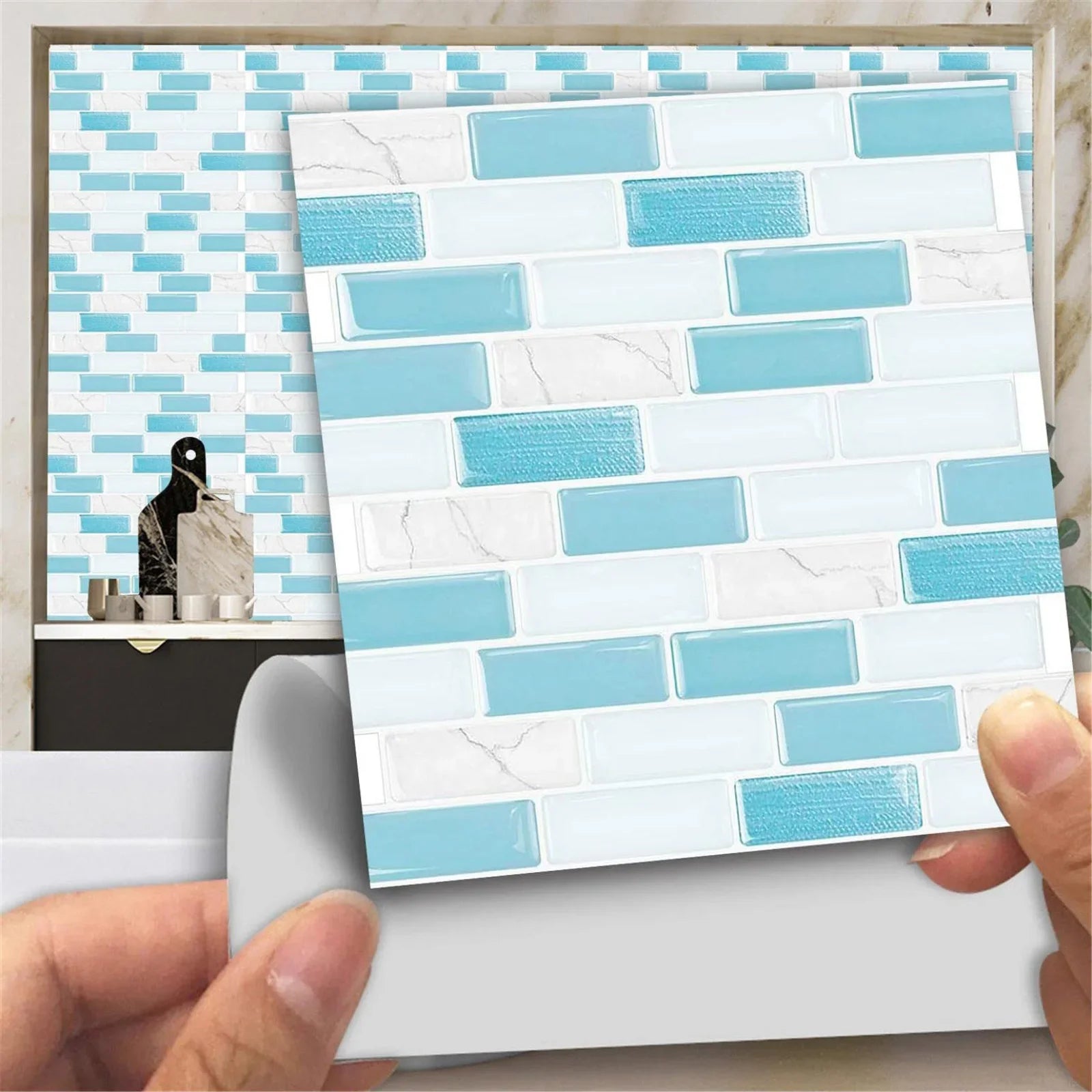 Peel-and-stick 3D mosaic tile sticker sheet, blue and white brick pattern detail