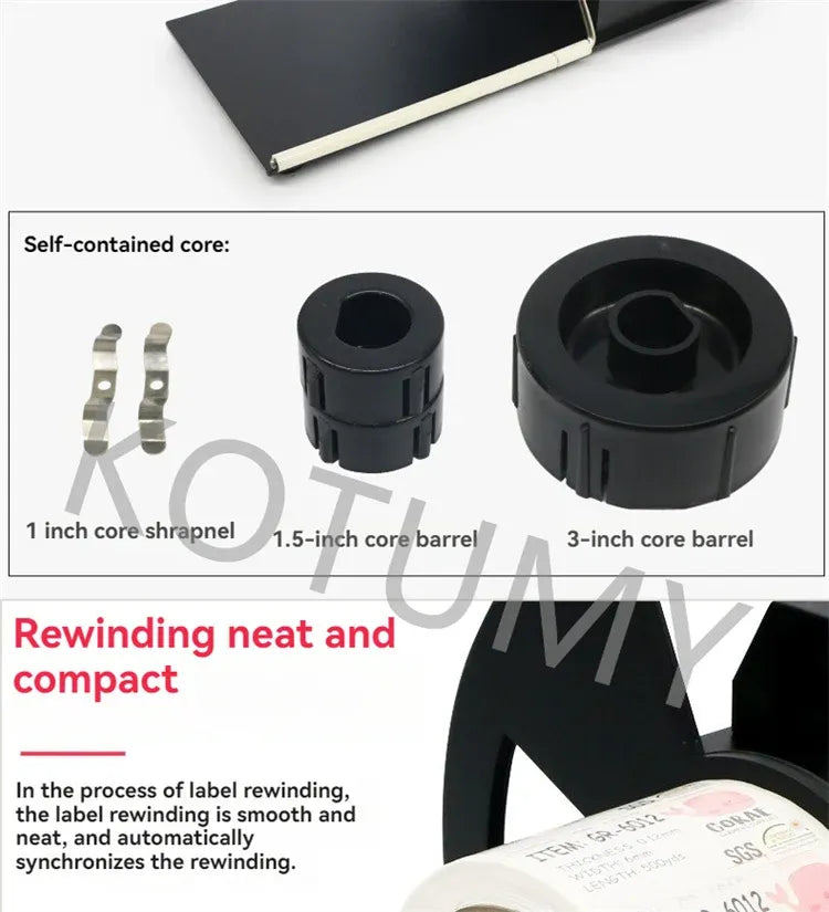 Self-contained rewinder core barrels: 1-, 1.5-, and 3-inch black plastic rollers