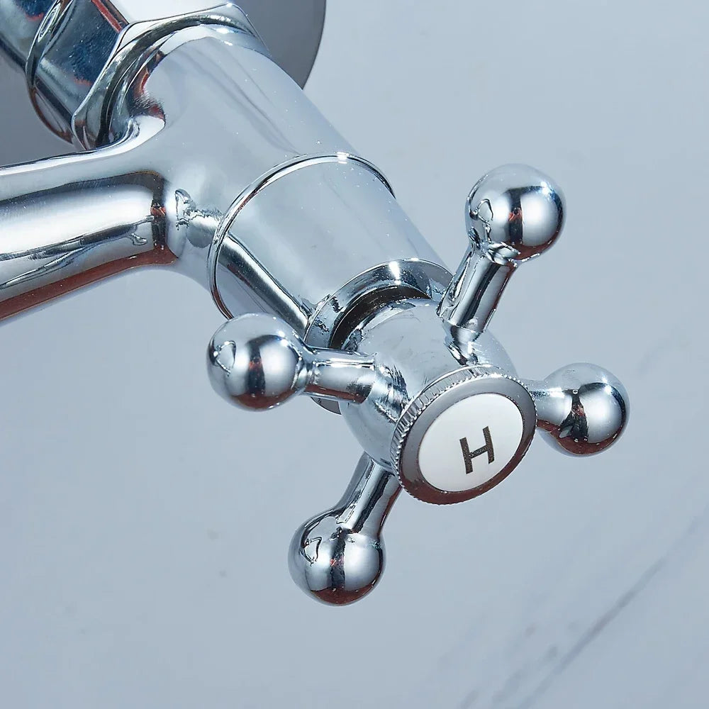 Modern Brass Bathroom Faucet, Wall Mount Two-handle Washbasin Mixer Tap, for Kitchen, Bathroom, Laundry, Garden, Silver