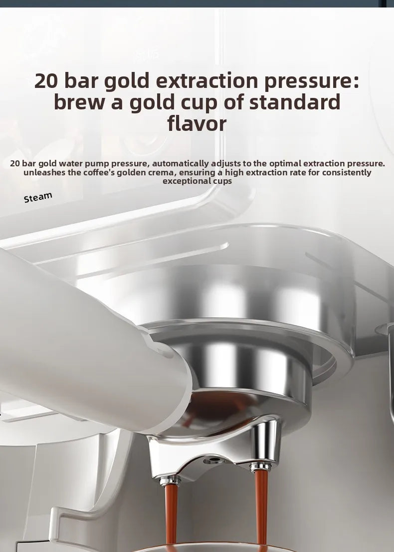 Close-up of a stainless steel espresso machine portafilter extracting rich coffee with 20 bar pressure technology.
