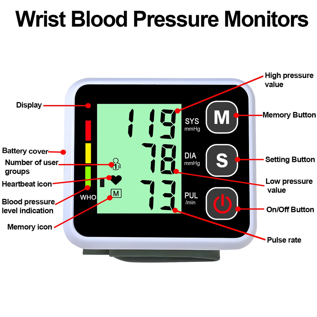 Digitlal Tensiometro Health Medical BP Sphygmomanometer Wrist cuff Digital Blood Pressure Monitor Heart Beat Rate Pulse Meter