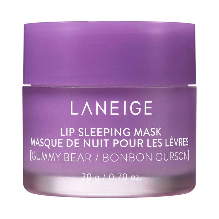 Laneige Lip Sleeping Mask in Gummy Bear, purple jar lip treatment for hydrated, glossy lips.