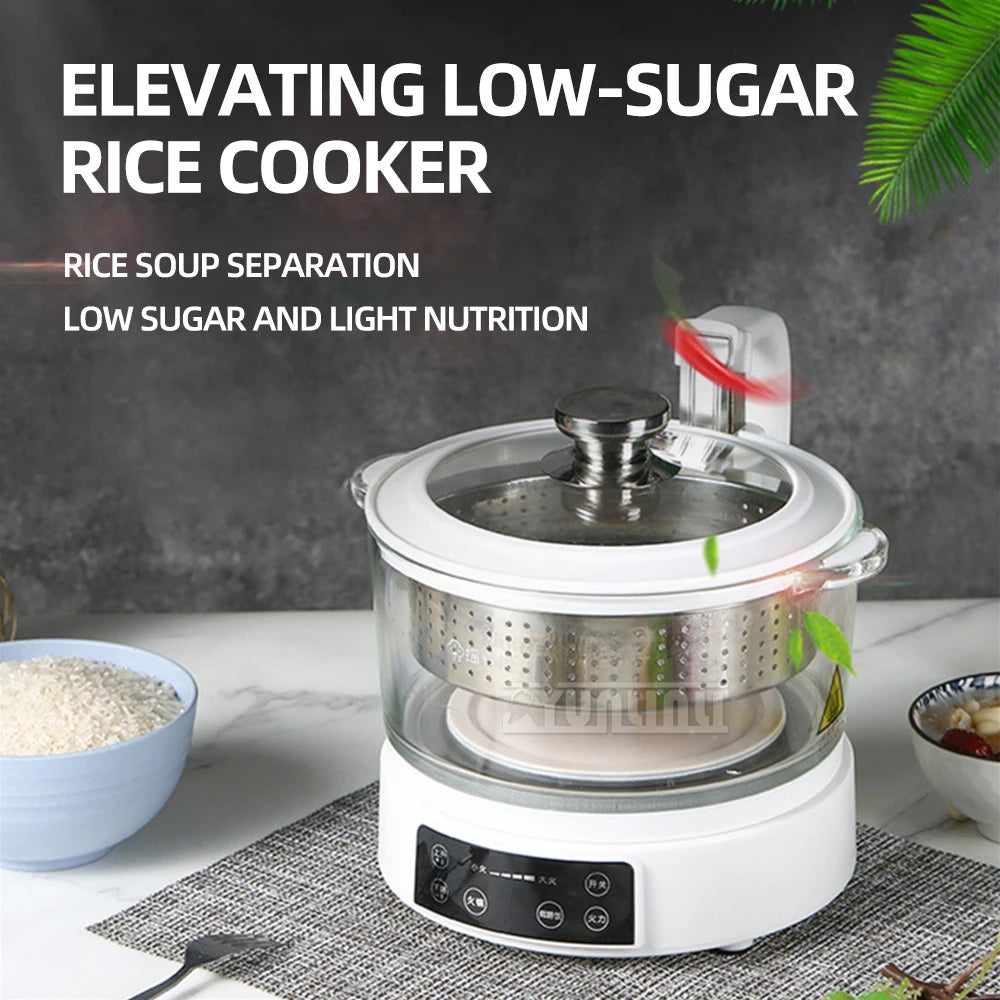 White low-sugar electric rice cooker with clear lid and steaming basket, side view.
