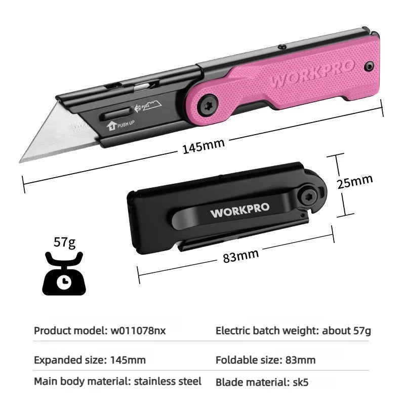 Workpro Folding Utility Knife Stainless Steel Quick Realse Pocket Knife with Belt Clip Sharp 10 blades Purpose DIY Cutting Tools
