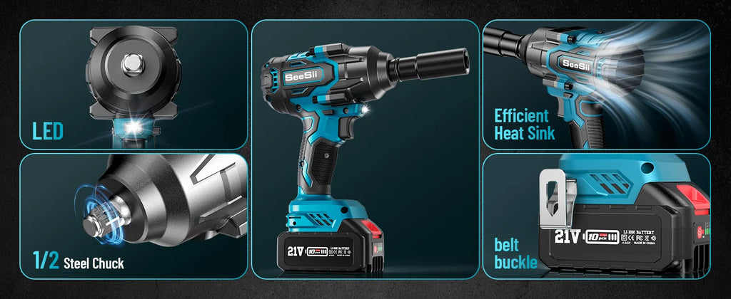 SeeSii 900Nm 1000Nm 1300Nm Cordless Impact Wrench Brushless Electric Impact Gun Kit Battery Powered Tool For Car Tire Repair with 2*4.0Ah Batteries Case LED Light For Makita
