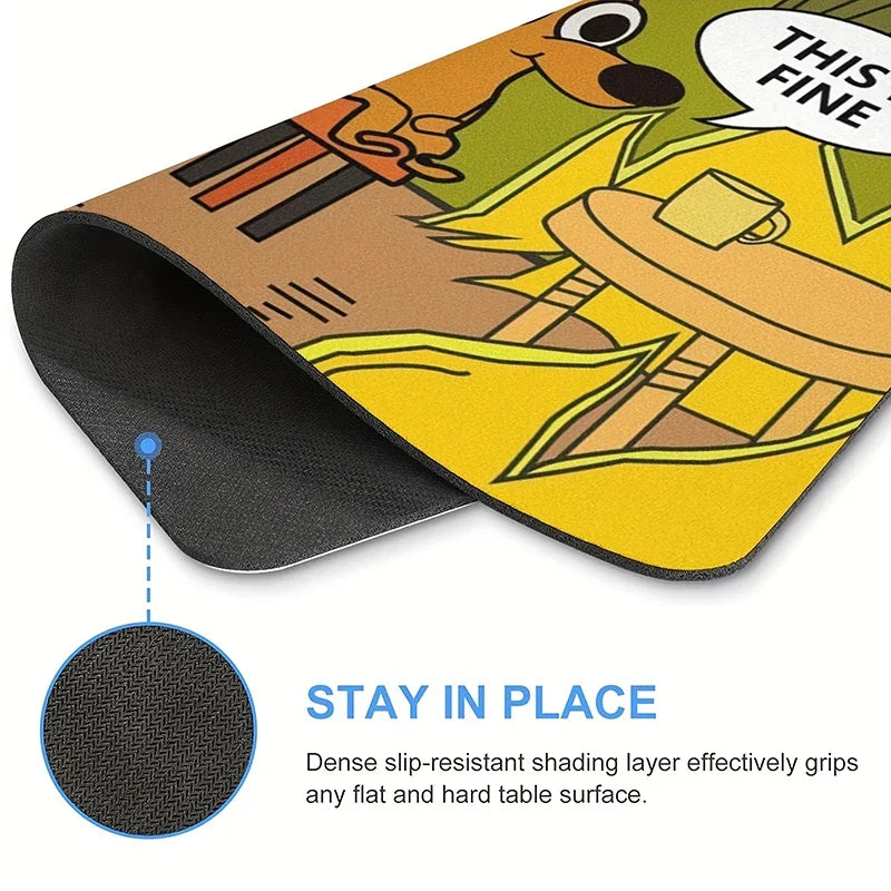 "This Is Fine" meme dog mouse pad with non-slip rubber base for stable gaming and office computer desk use.