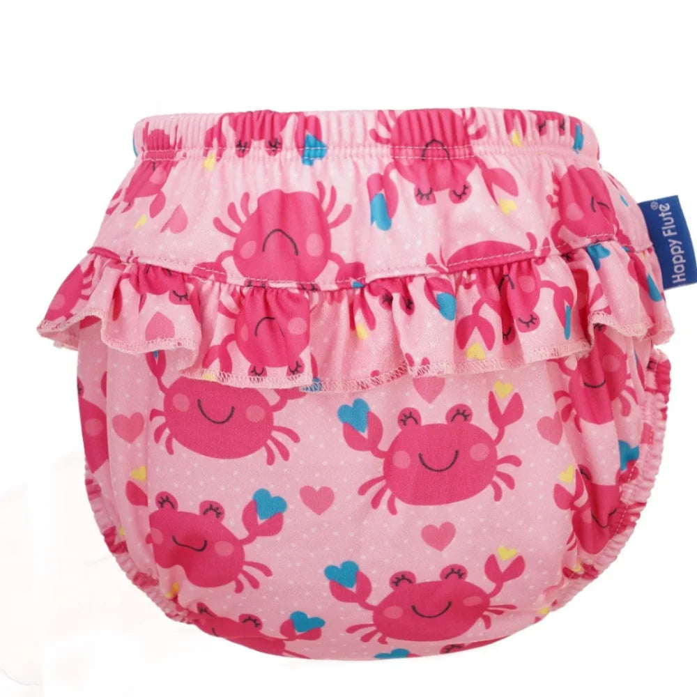 Happy Flute pink baby diaper cover with cute crab and heart print featuring a ruffled skirt design for infants.