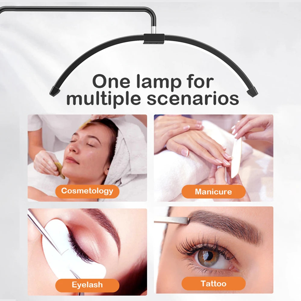 Black arched LED desk lamp for beauty treatments including cosmetology, manicures, eyelash extensions, and tattoos.