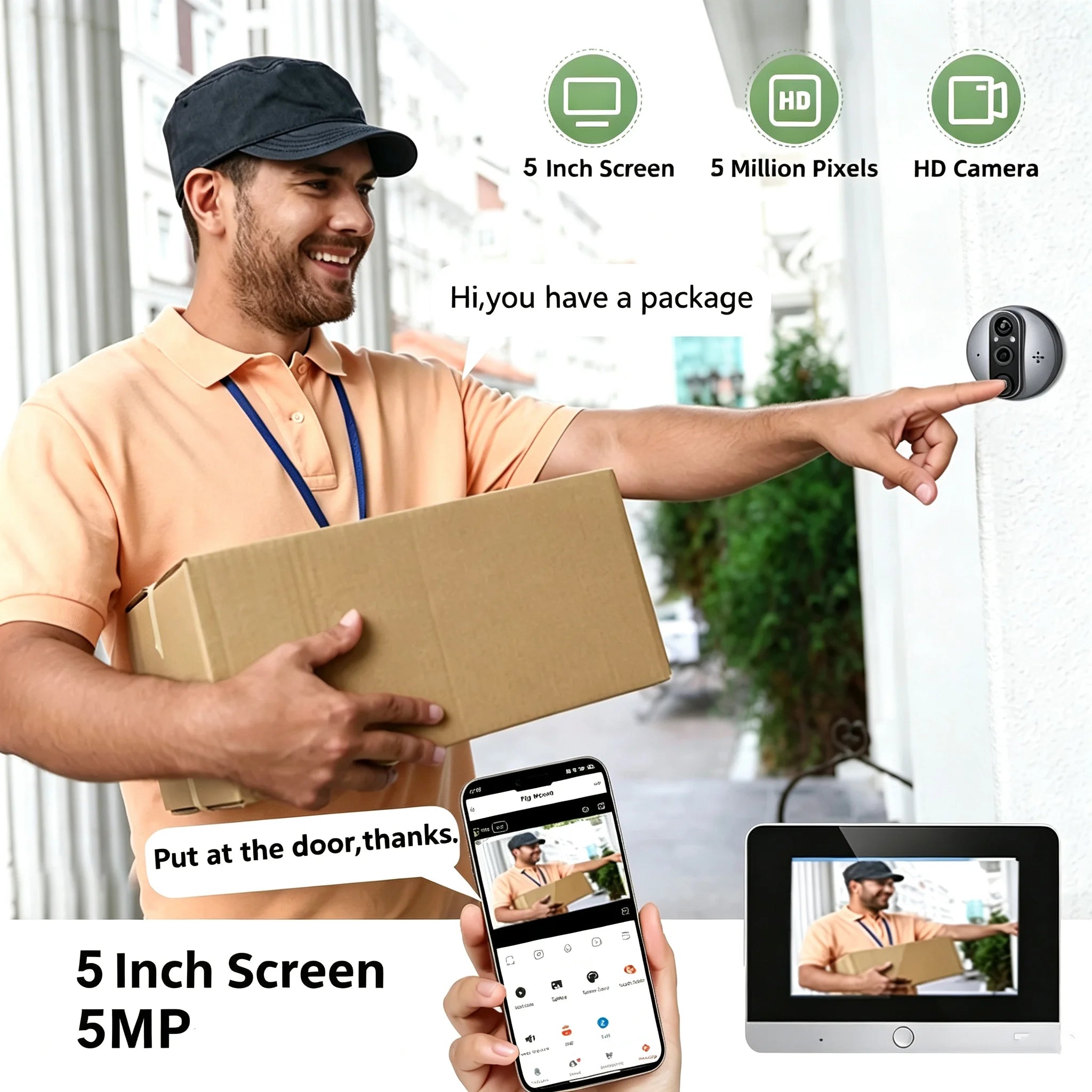 5inch Tuya Smart HD 5MP Peepholes Video Doorbells 2.4G Wifi Two Way Audio Digital Door Camera With 10000mah Battery IR Night Vision 160° Wide Angle Support Continuous Recording