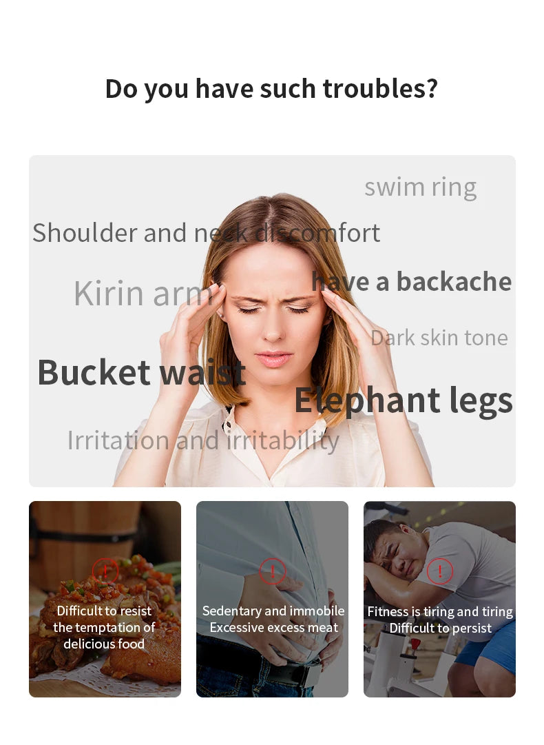 Woman holding her head surrounded by text highlighting common body and health concerns like backache, obesity, and