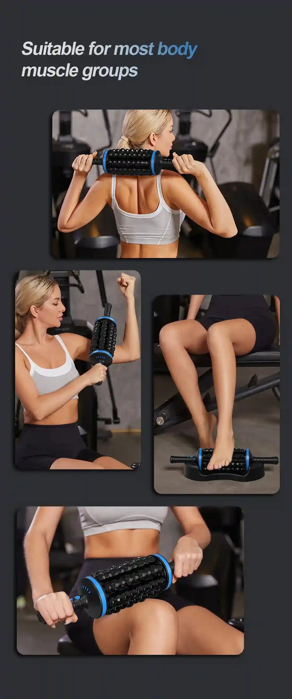 A woman using a black, textured, handheld cordless roller massager with blue trim on her back, arm, foot, and leg.