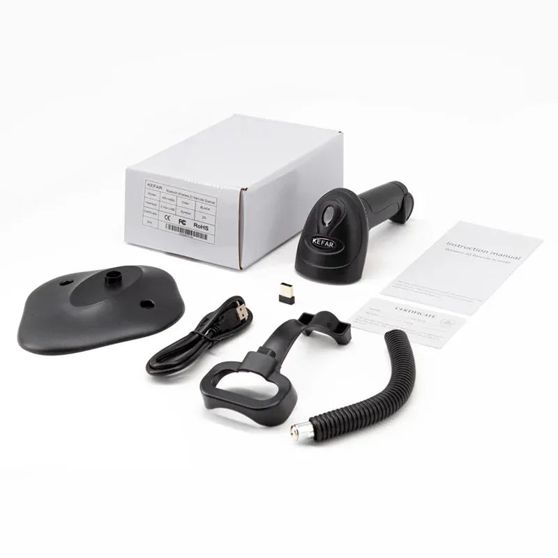 Handheld barcode scanner kit with base, cable, power adapter, and manual