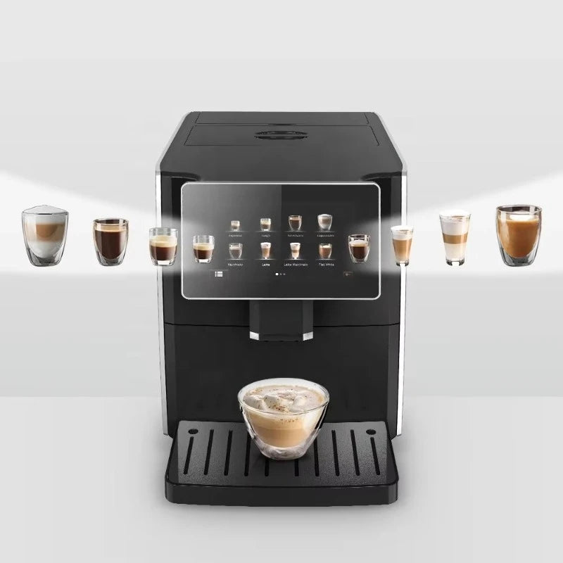 Black automatic espresso coffee machine with touchscreen display and various drink icons on a light background.