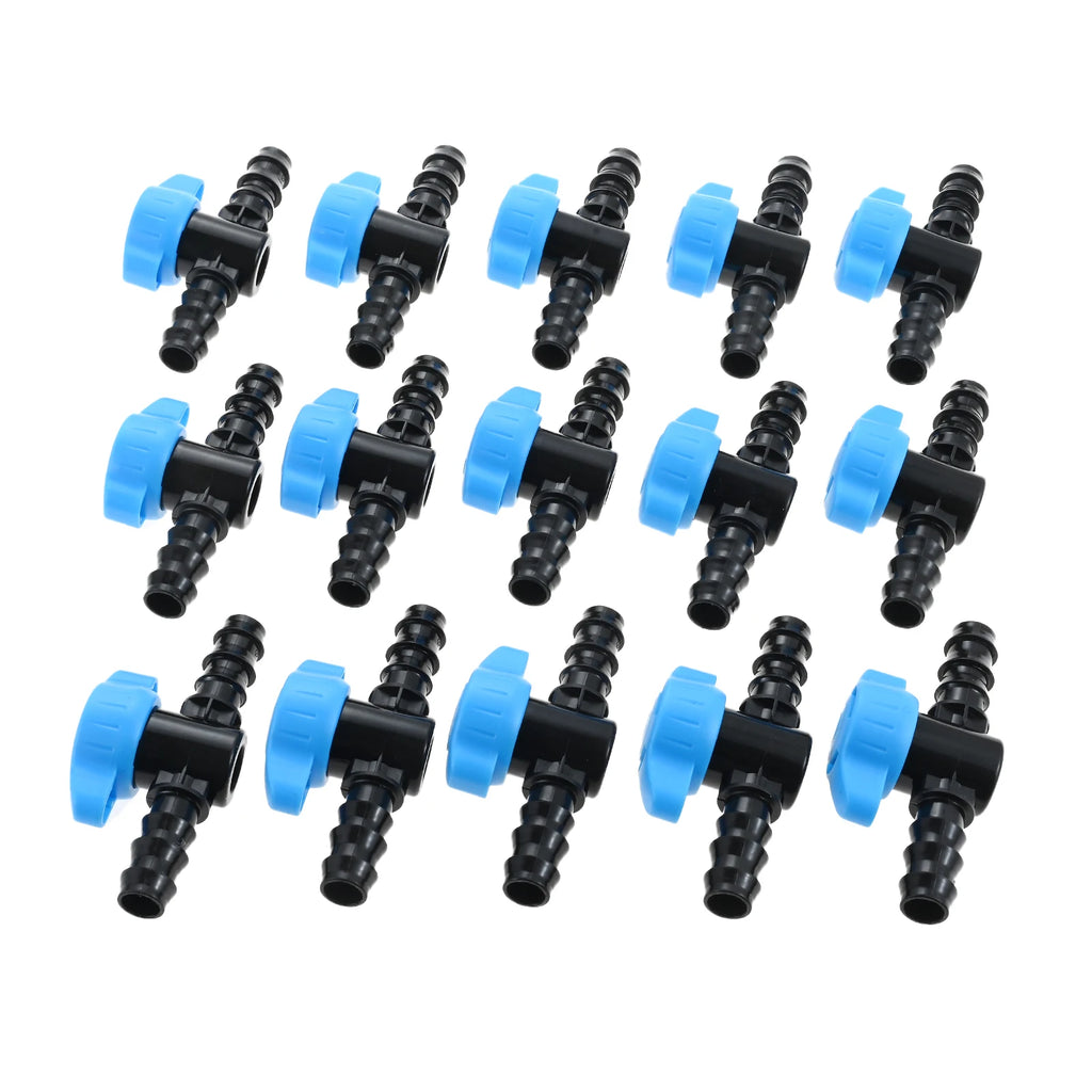 Plastic barbed shut off valves for drip irrigation, blue handle caps with black fittings (15)