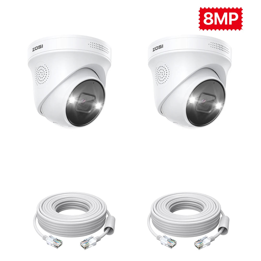 ZOSI 8MP AI dome security camera set: 2 white cameras with Ethernet cable pair