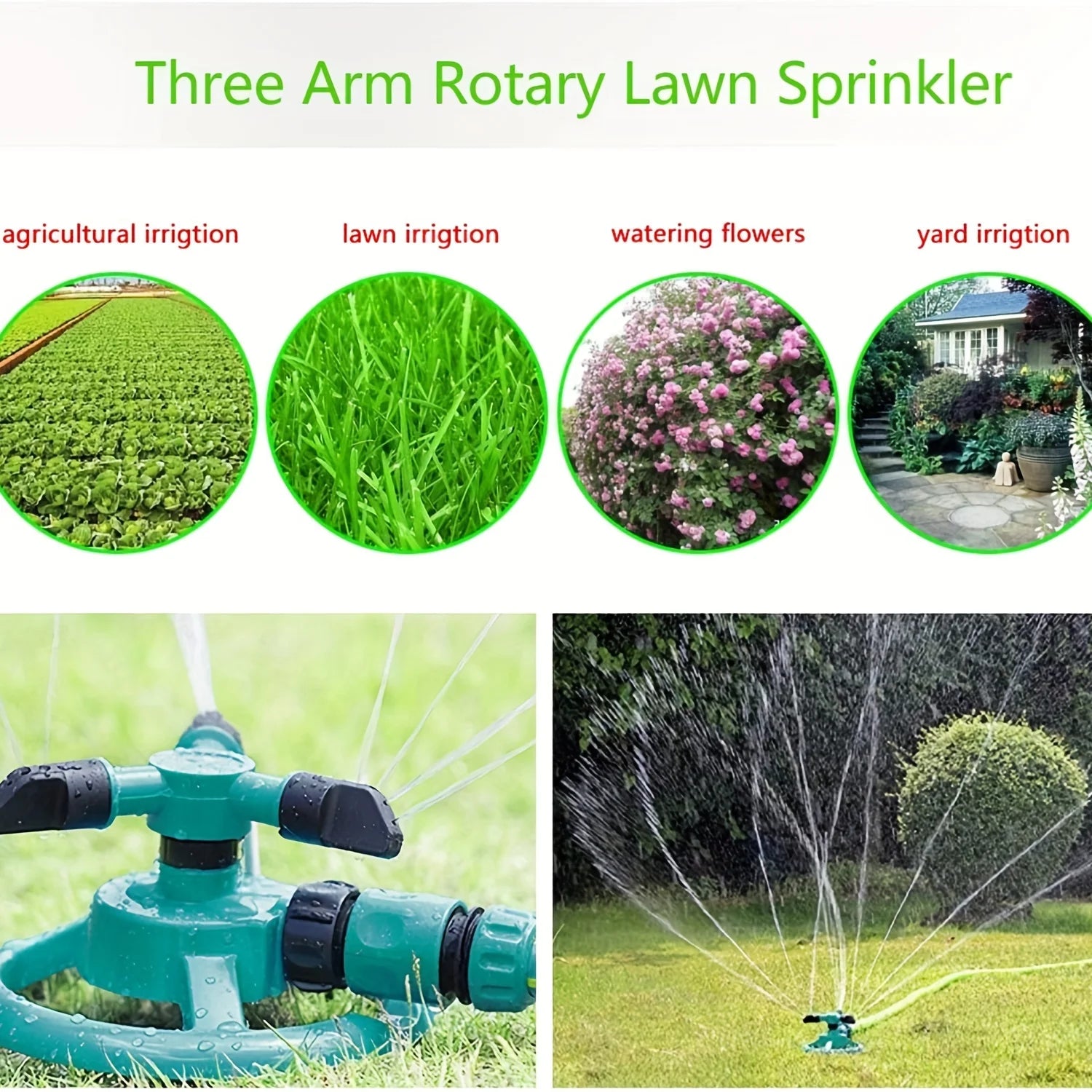 Three-arm rotary lawn sprinkler with teal base and adjustable spray heads for yard watering.