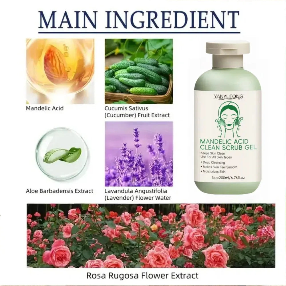Pale green 200ml bottle of Mandelic Acid Clean Scrub Gel, featuring ingredient graphics of cucumber, aloe, and roses.
