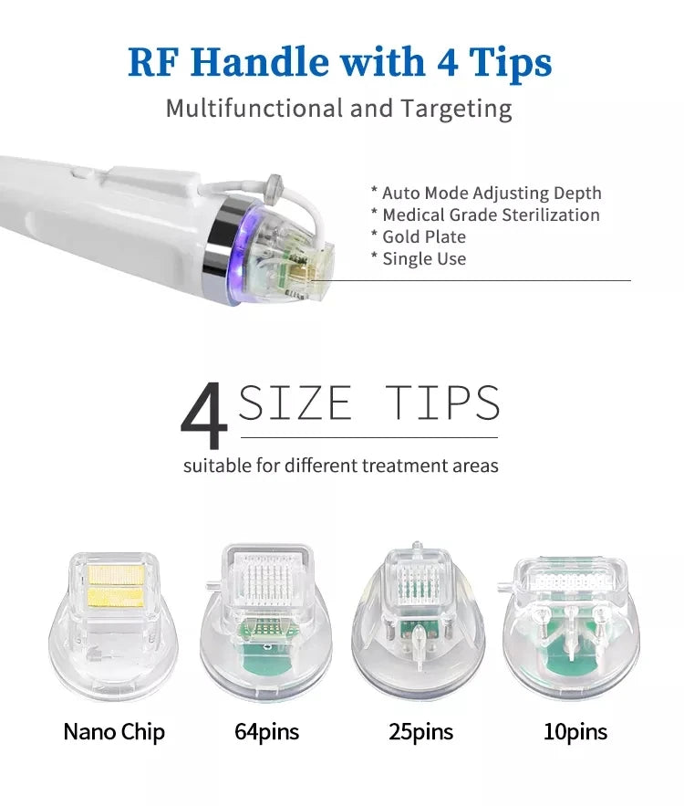 Portable fractional RF skin tightening handle with 4 interchangeable tips for facial wrinkle and stretch mark removal.