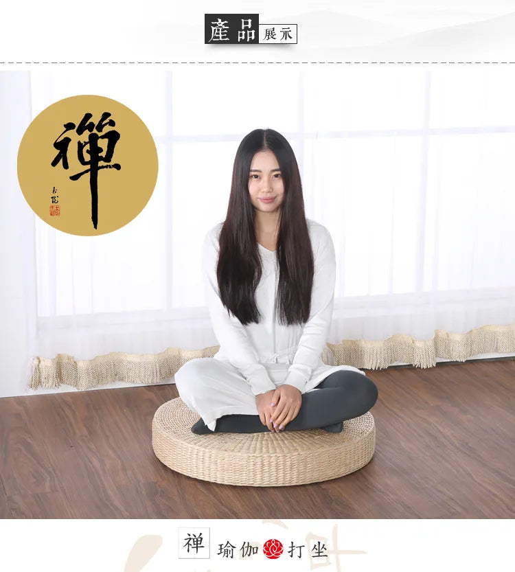 Round Woven Rush Cushion Meditation Zafu Yoga Mat for Floor Tatami Kneeling Tea Ceremony Zen Window Seat