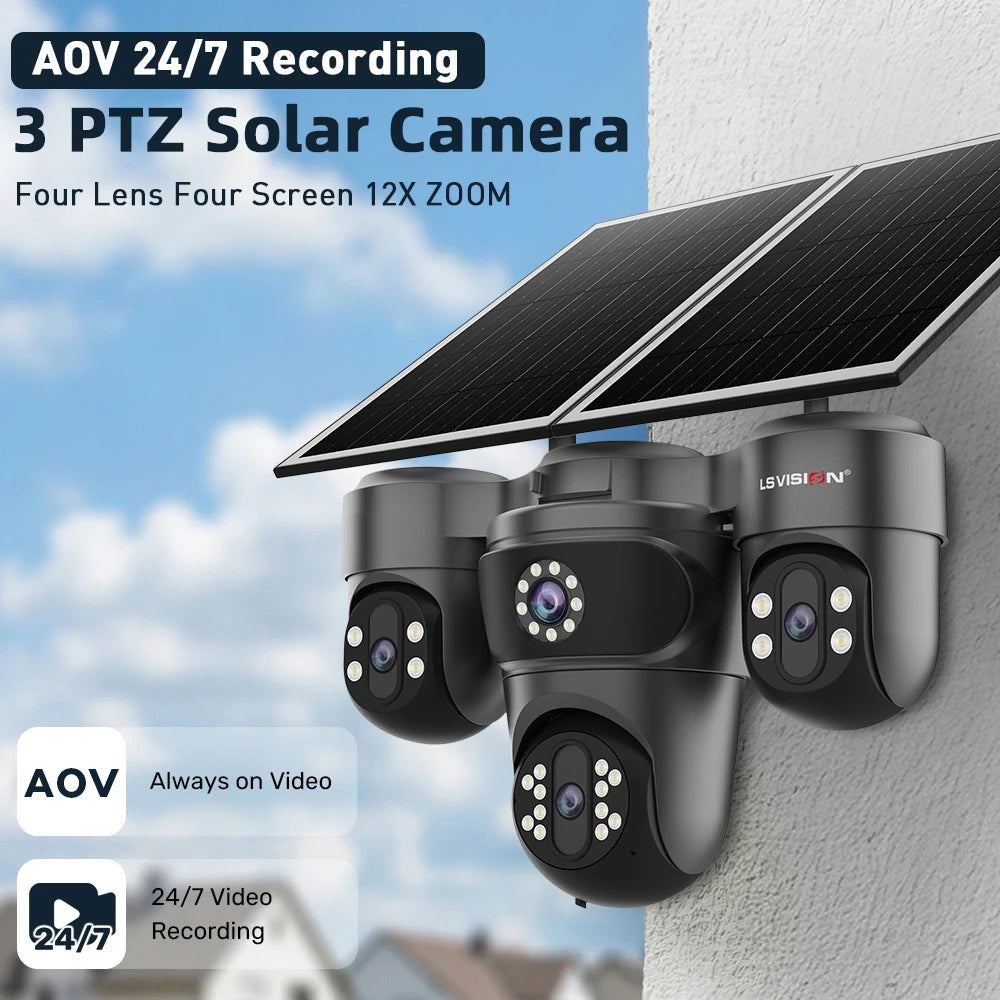 LS VISION Four Screens Camera Outdoor House Surveillance Cameras  4G SIM Wireless Camera Humanoid Automatic Tracking Ai Zoom