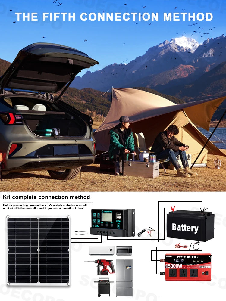 Portable Solar System Kit 15000W Peak 12V 24V To 110V 220V Inverter 3 Universal Sockets 300W Panel 100A Controller for Home RV