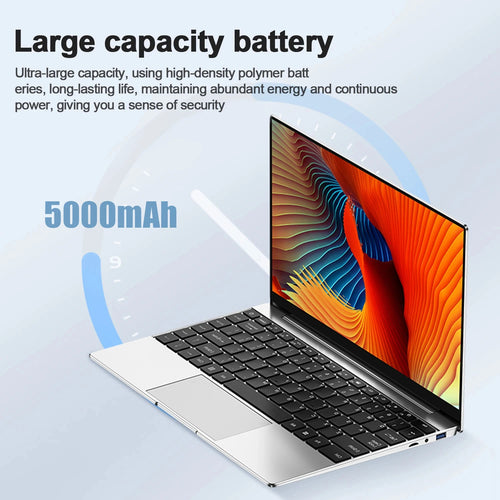 Silver 14.1-inch laptop with thin bezels, black keyboard, large trackpad, and side ports against a clock background.