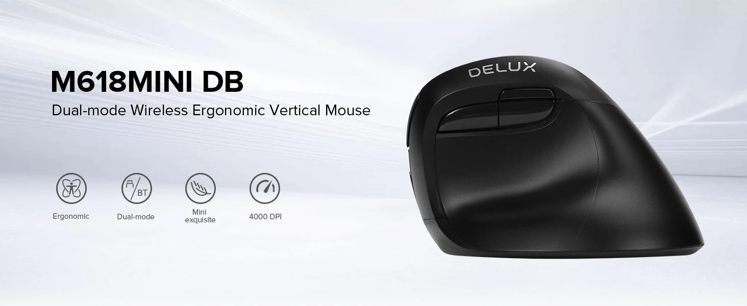 Delux M618Mini DB  Ergonomic Wireless 2.4GHz + Bluetooth Mouse  4000 DPI Vertical Mice 6 Buttons For Computer and Laptop