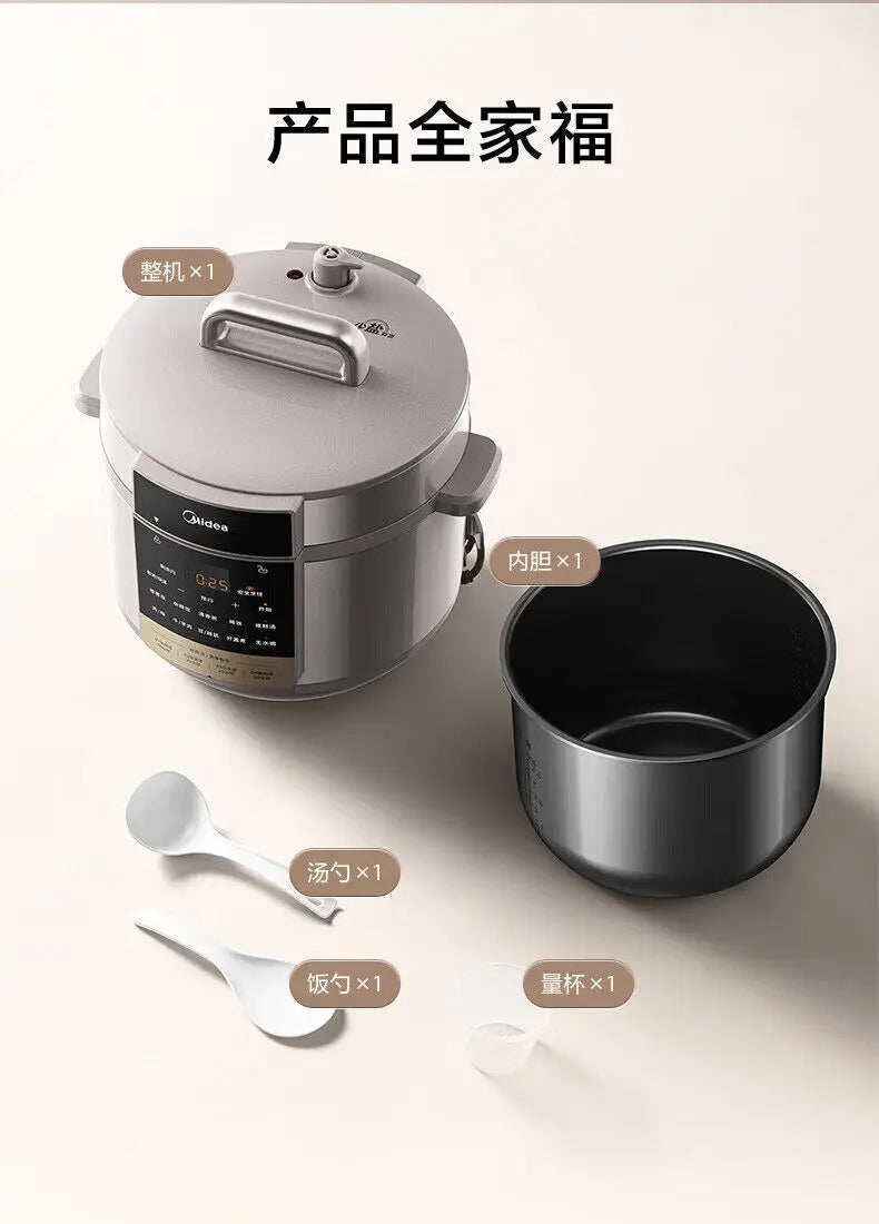 8L electric pressure cooker with black inner pot and included measuring utensils