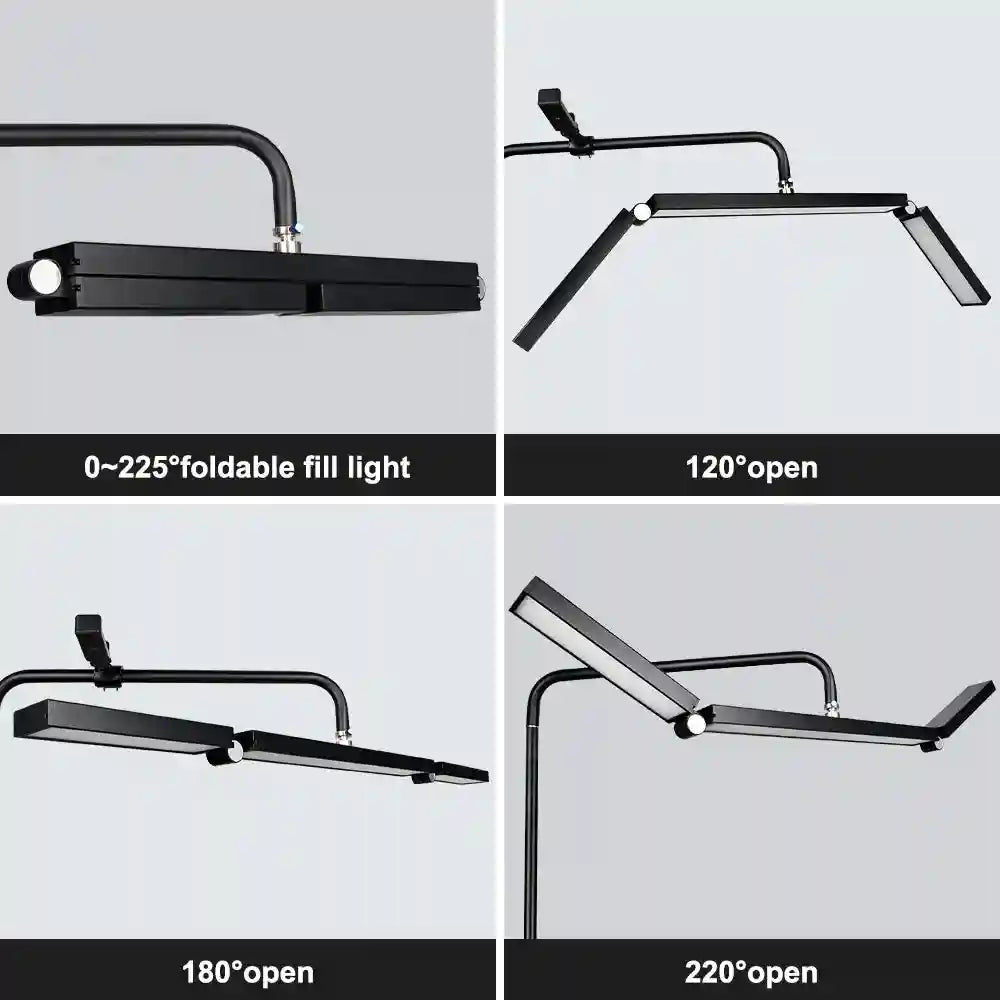 Black foldable LED fill light with adjustable segmented panels for customizable illumination angles.
