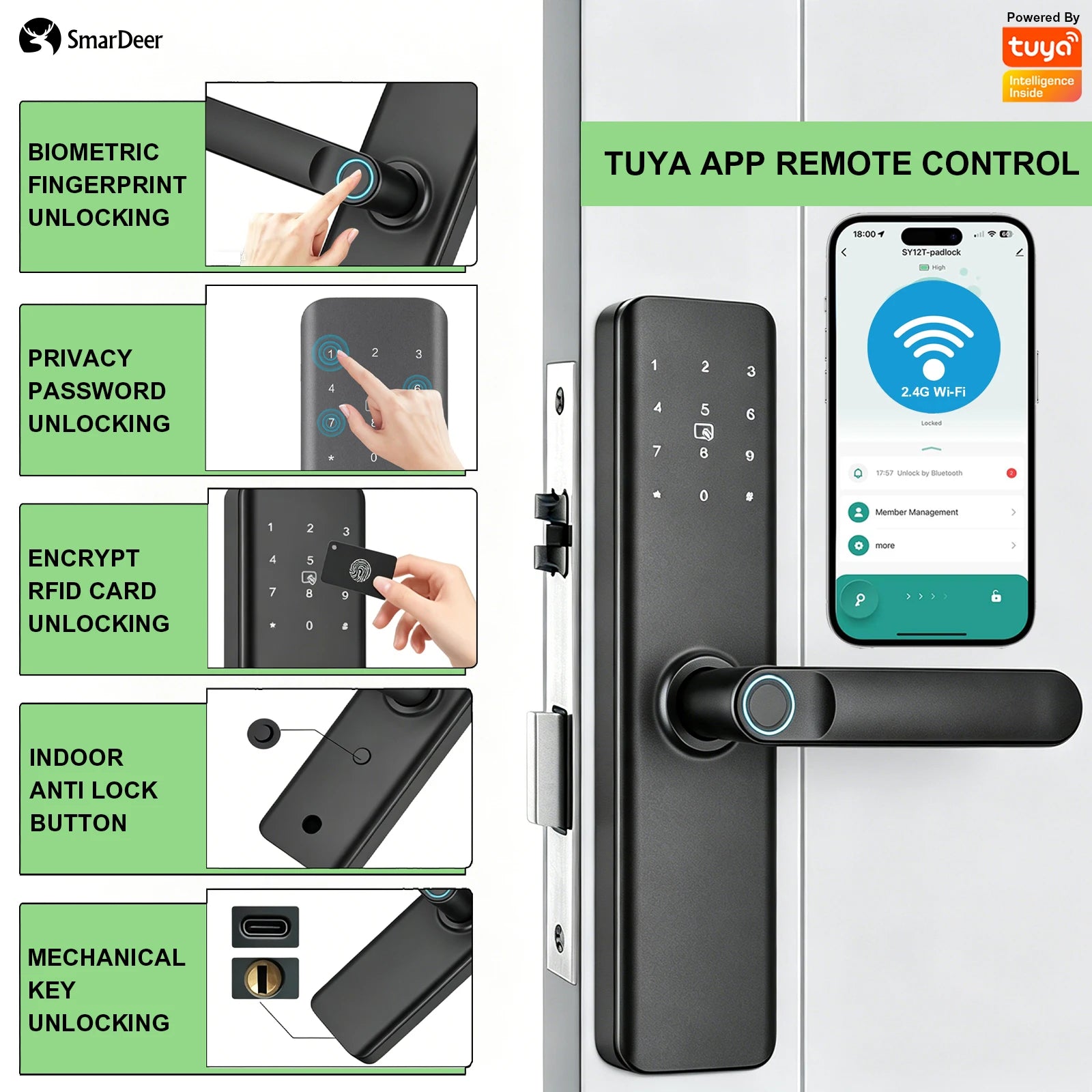 SmarDeer Indoor 5-in-1 Intelligent Door Lock,Tuya WIFI Fingerprint Lock，Keyless Entry Smart Electronic Door Lock for Home