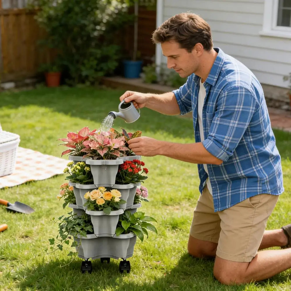 Stackable Vertical Planter 4/5-Tier with Wheels Weatherproof Plastic Flower Pot Garden Towers for Vegetable Strawberry Planter